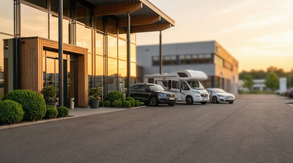 WagenTräume Fellbach — Seriöser Fahrzeughändler mit Wohnmobil, SUV und Sportwagen vor modernem Autohaus